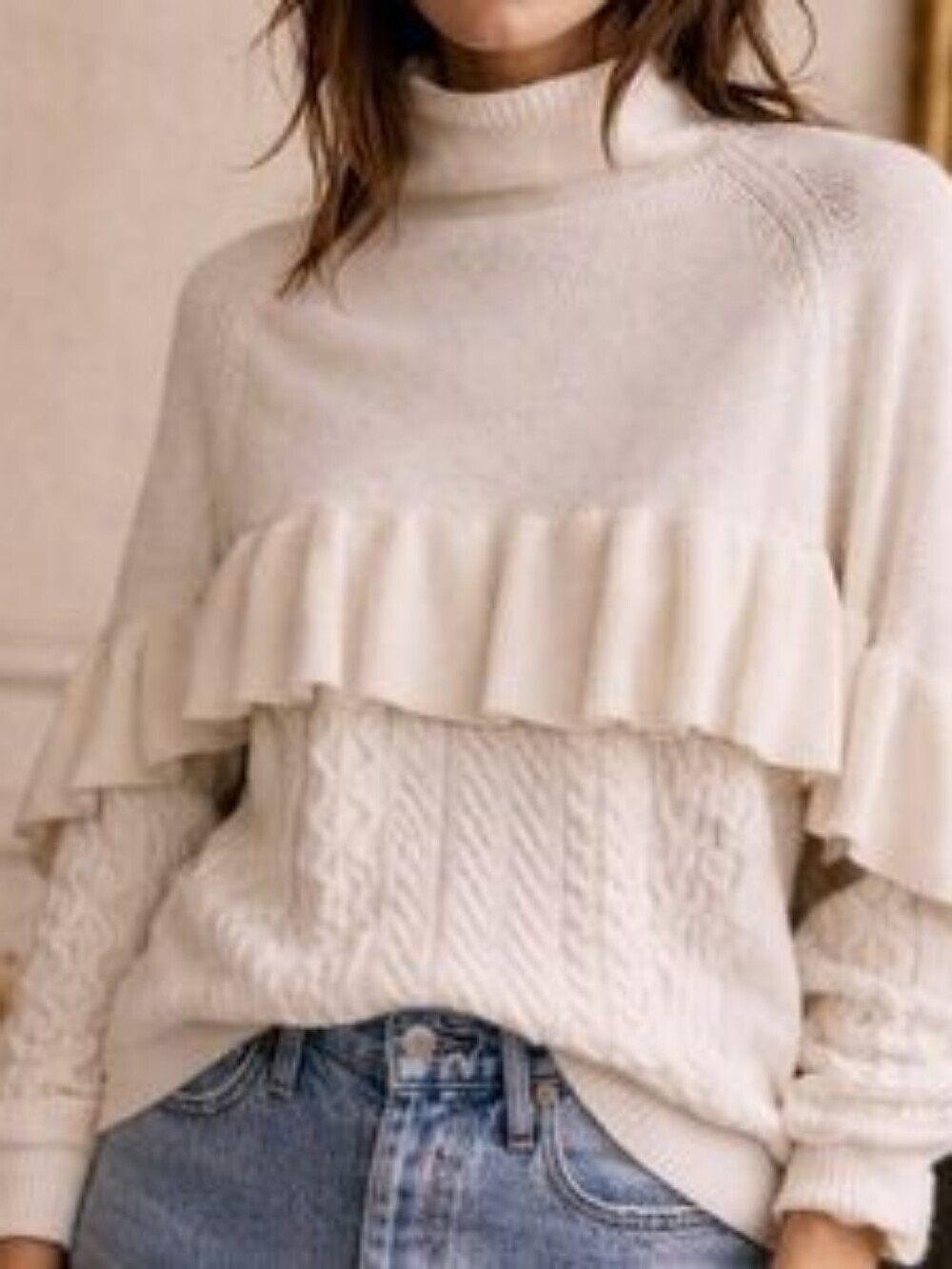 Project Naadam Chunky Cable Knit Ruffle Sweater Ivory Mock Neck Size L